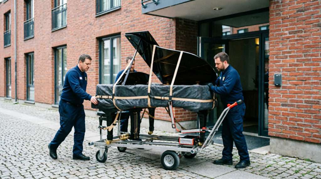 Pianoflytting i Oslo — mannskap med bæreseler og pianomatte