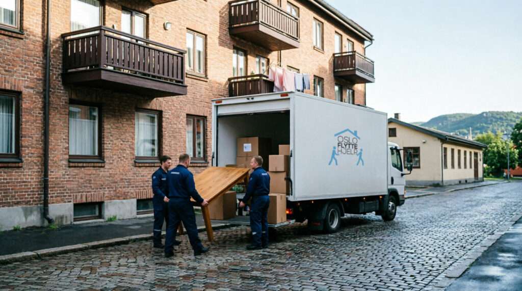 Flyttebil fra Oslo Flyttehjelp med mannskap utenfor leilighet i Oslo